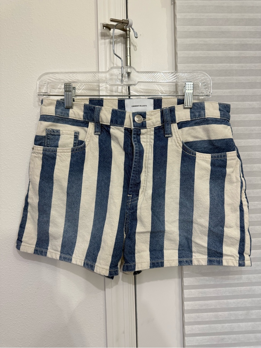 Current/Elliott Striped High-Rise Jean Shorts - Navy & Cream